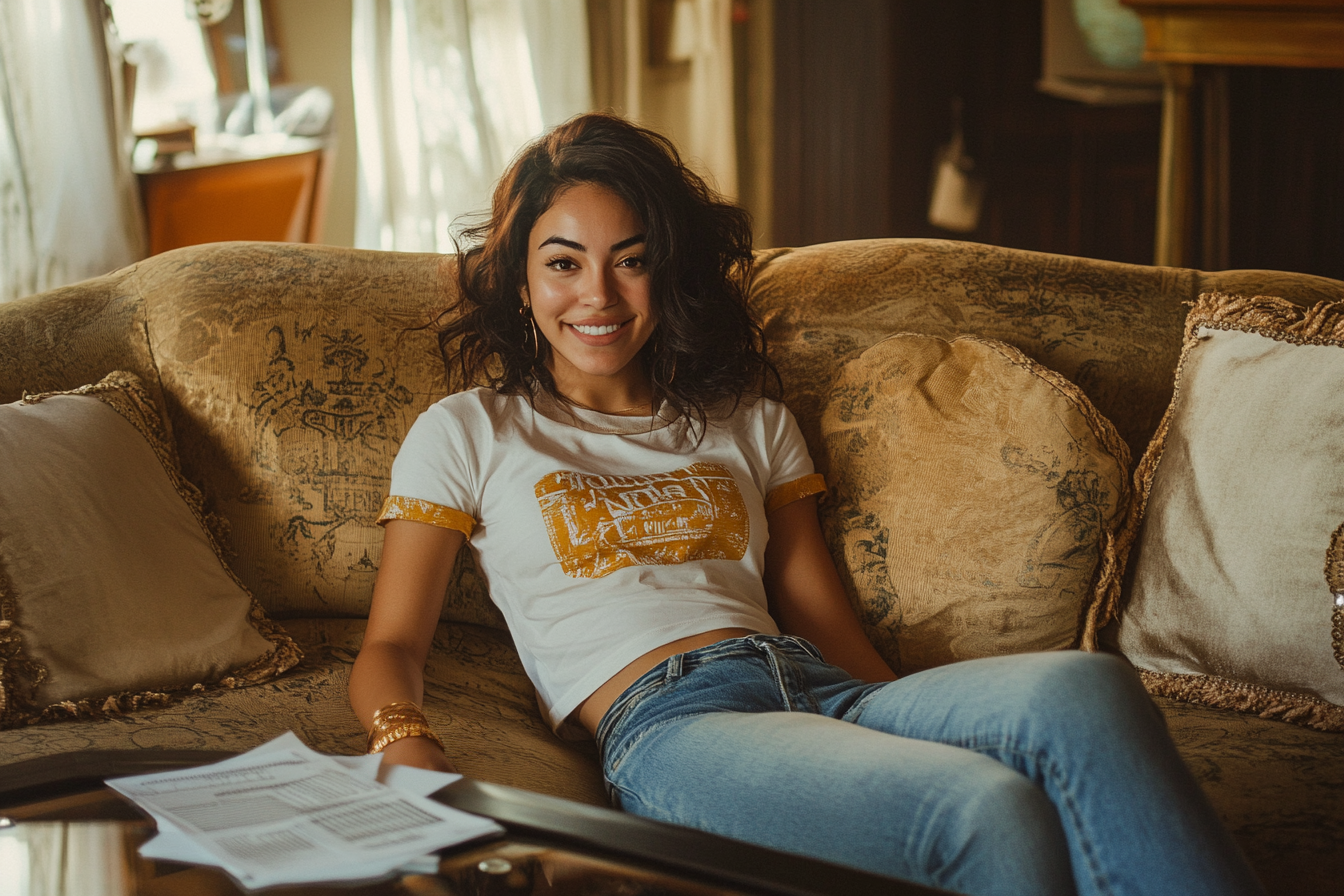 Une femme souriante sur un canapé | Source : Midjourney