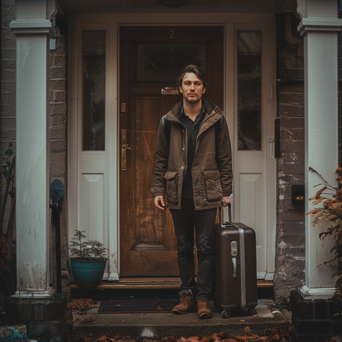 Un homme tenant une valise debout devant une porte | Source : Midjourney