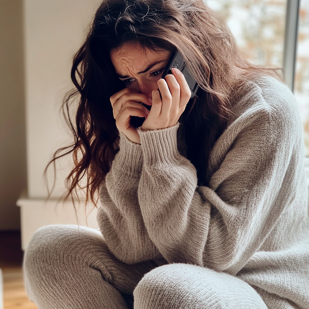 Une femme bouleversée qui parle au téléphone | Source : Midjourney