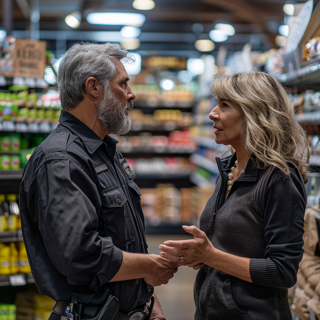 Une femme âgée discute avec un agent de sécurité dans une épicerie | Source : Midjourney