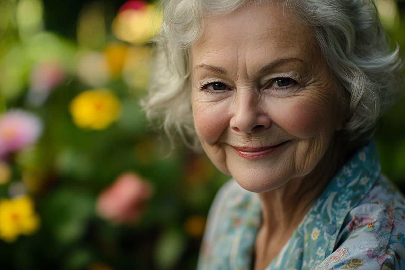 Une dame âgée souriante dans son jardin | Source : Midjourney