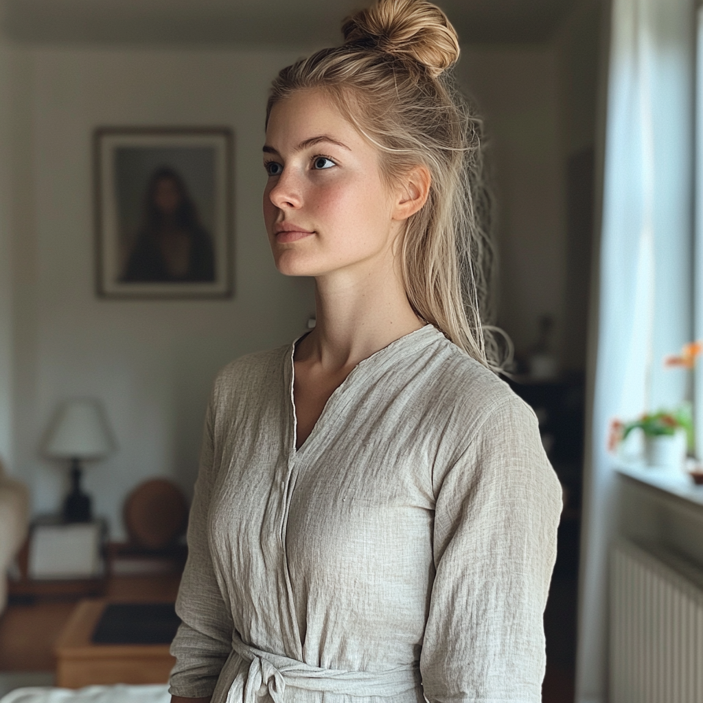 Une jeune femme debout dans un salon | Source : Midjourney