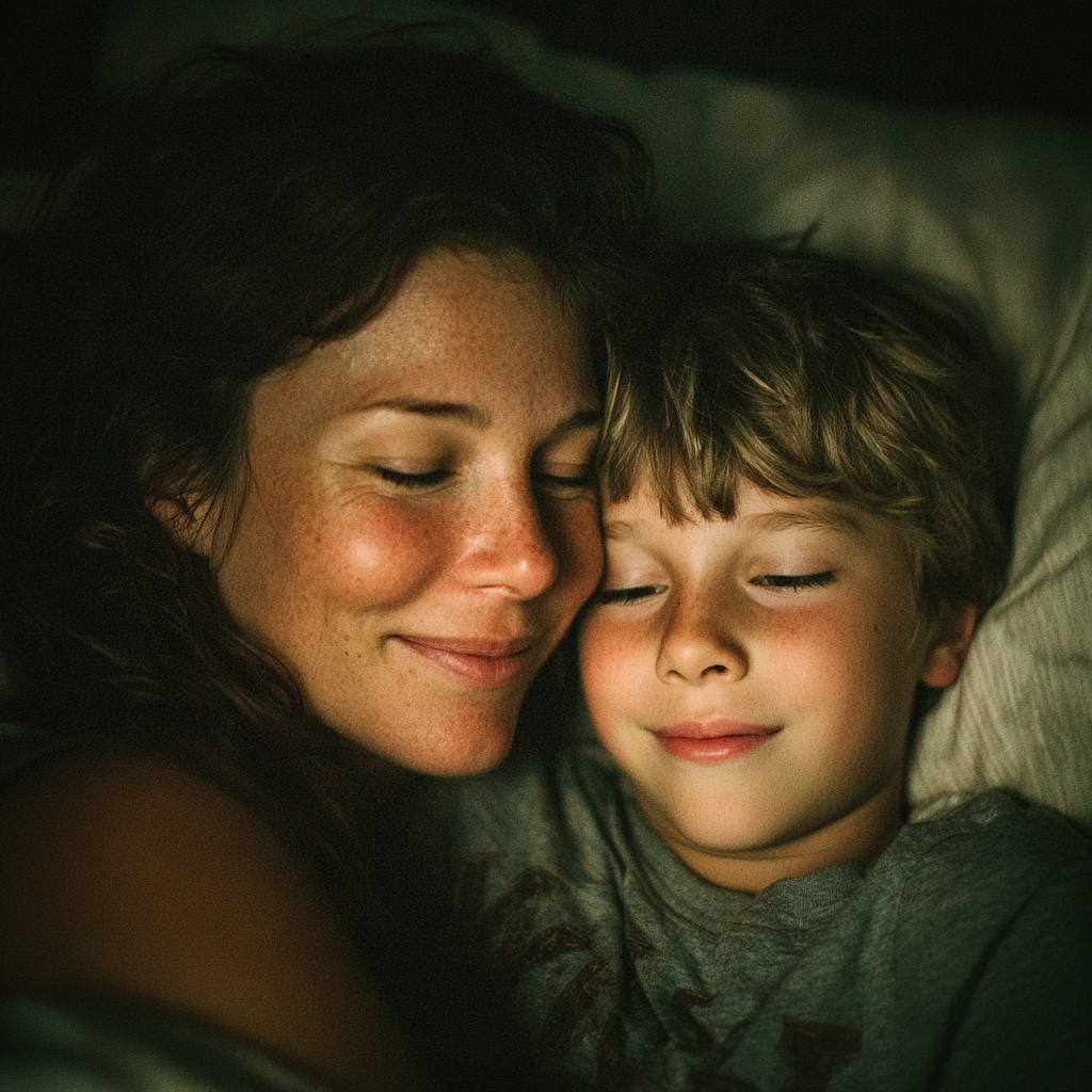 Une mère câline son fils dans son lit | Source : Midjourney