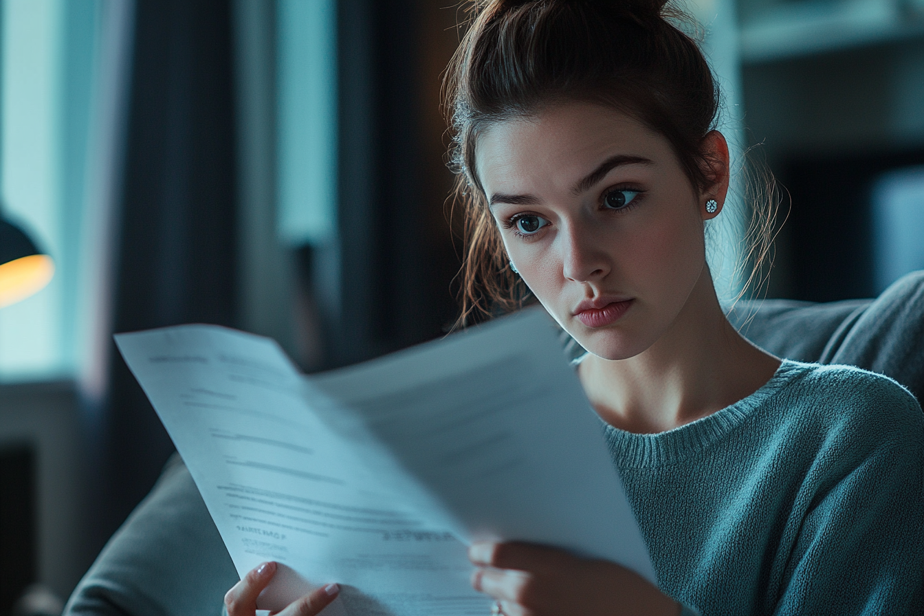 Femme d'une trentaine d'années assise sur un canapé dans le salon d'un appartement lisant des documents et ayant l'air surprise | Source : Midjourney