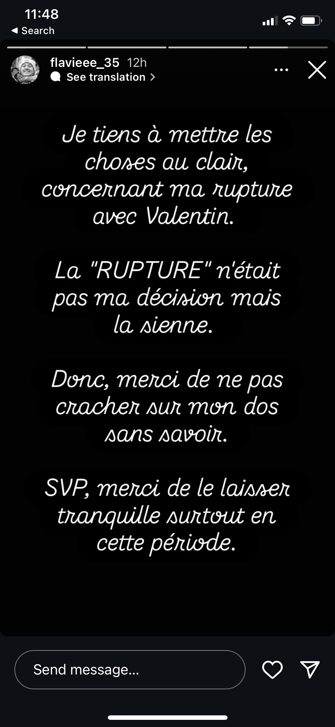 Post de Flavie sur sa séparation avec Valentin | Source : capture Instagram