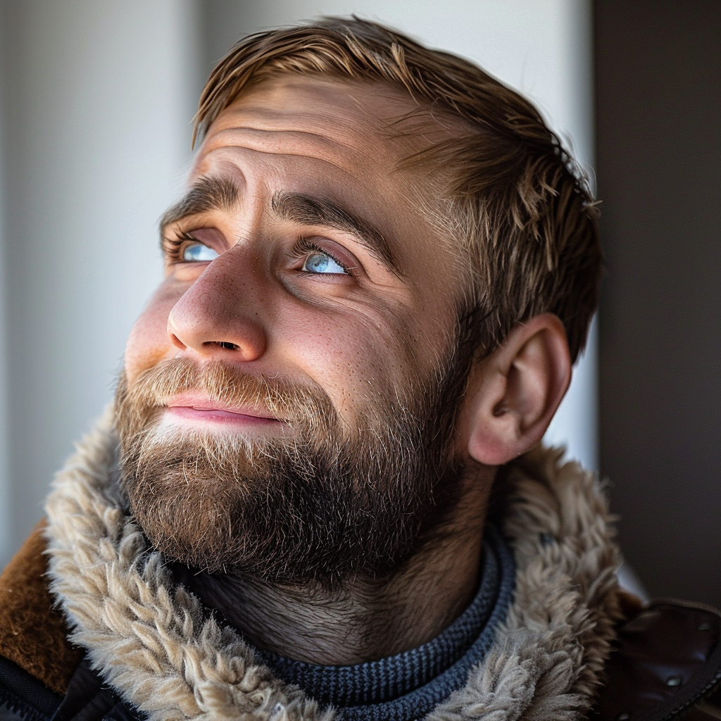 Un homme qui regarde en l'air et sourit | Source : Midjourney