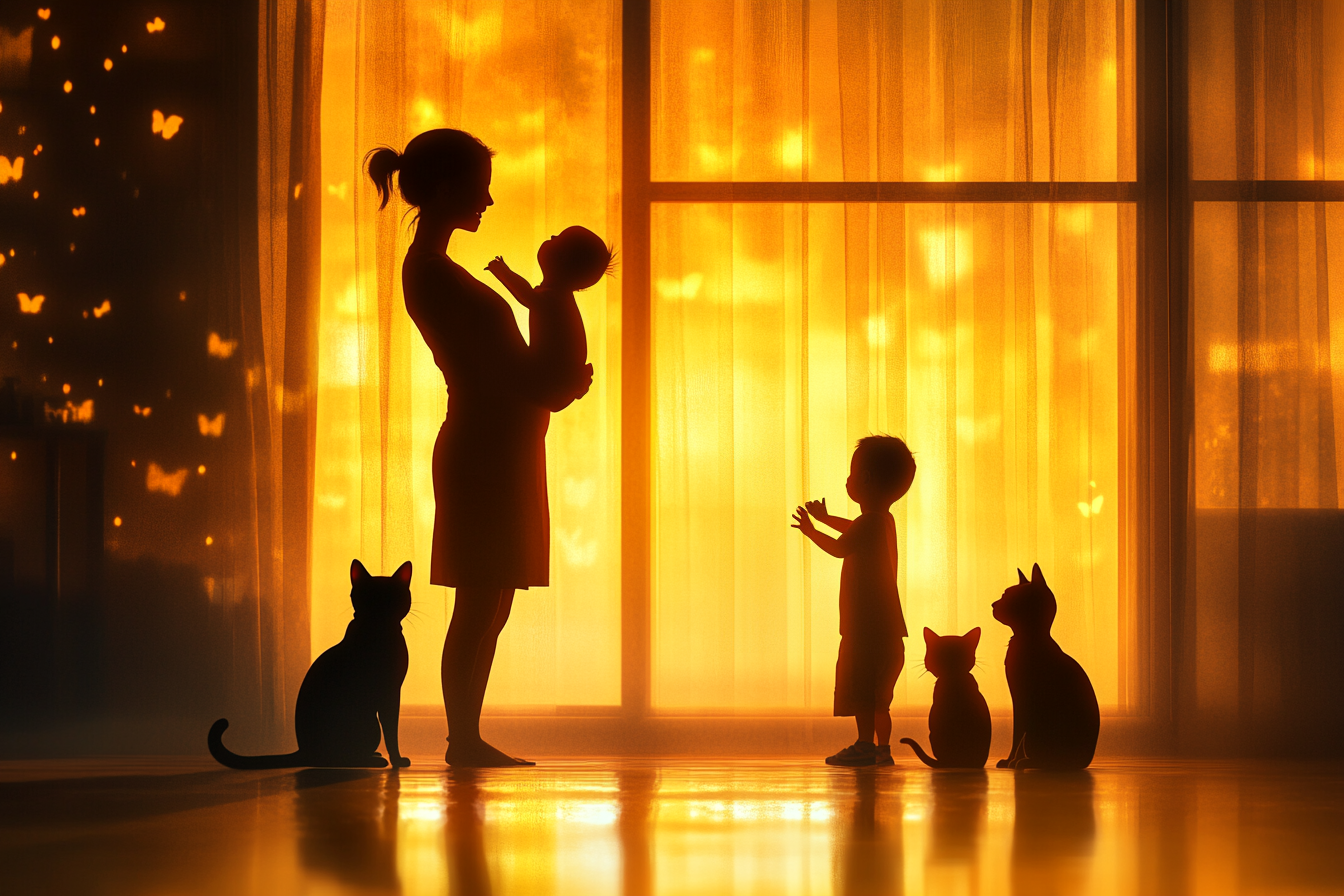 Une femme avec deux enfants et trois chats | Source : Midjourney