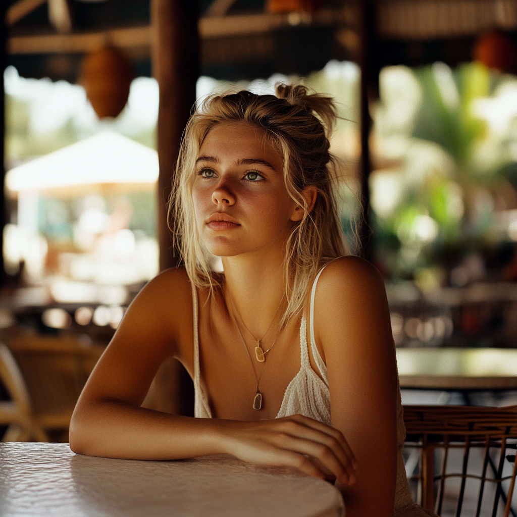 Une femme sérieuse dans un café | Source : Midjourney