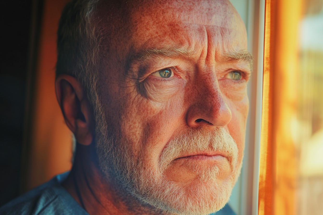 Un homme âgé qui regarde à l'extérieur d'une fenêtre | Source : Midjourney