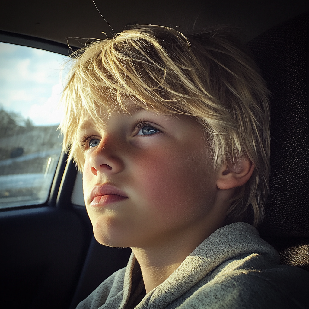Un garçon bouleversé assis dans une voiture | Source : Midjourney