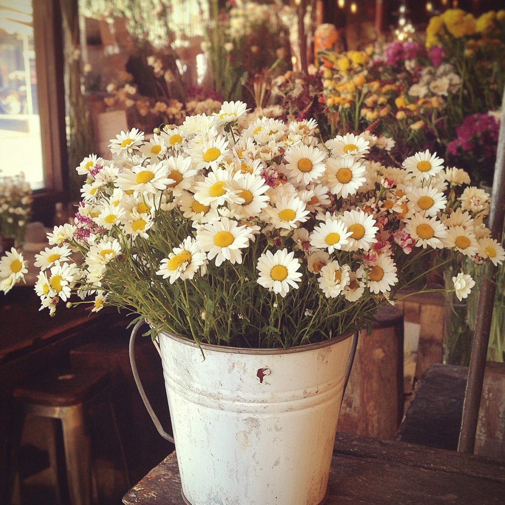 Un seau de marguerites chez un fleuriste | Source : Midjourney