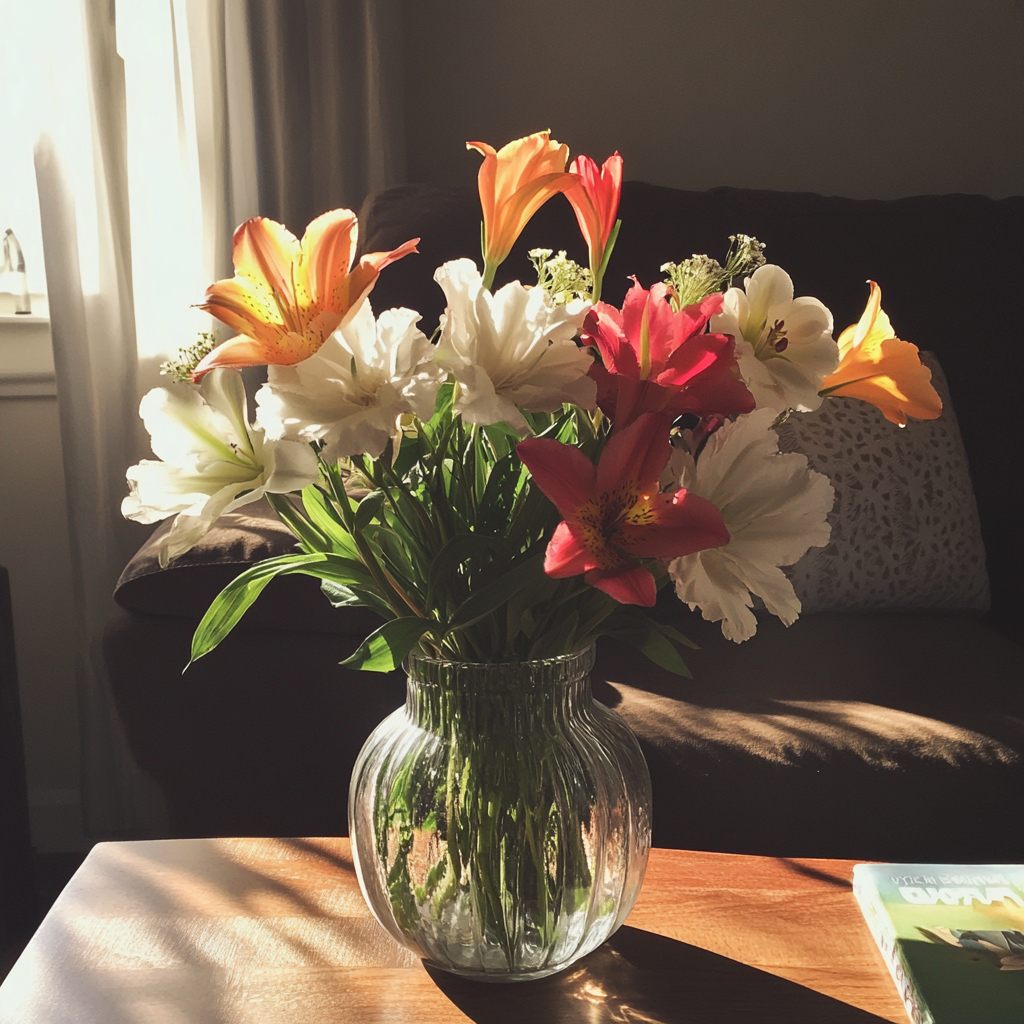 Un vase de fleurs sur une table basse | Source : Midjourney