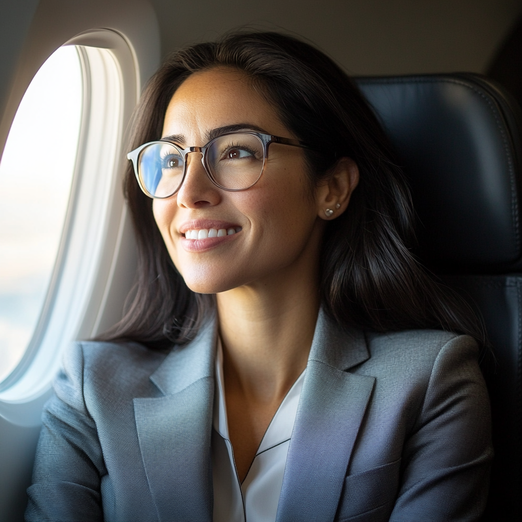 La femme assise près du hublot d'un avion, souriante et soulagée d'être en route pour sa destination finale | Source : Midjourney|