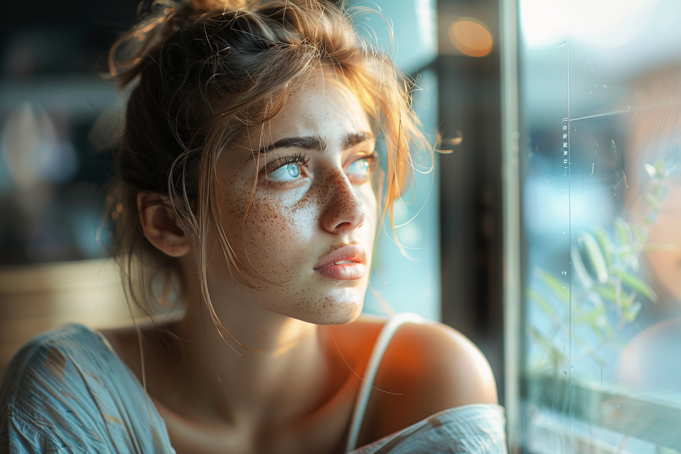 Une femme regardant à l'extérieur d'une fenêtre dans un café | Source : Midjourney