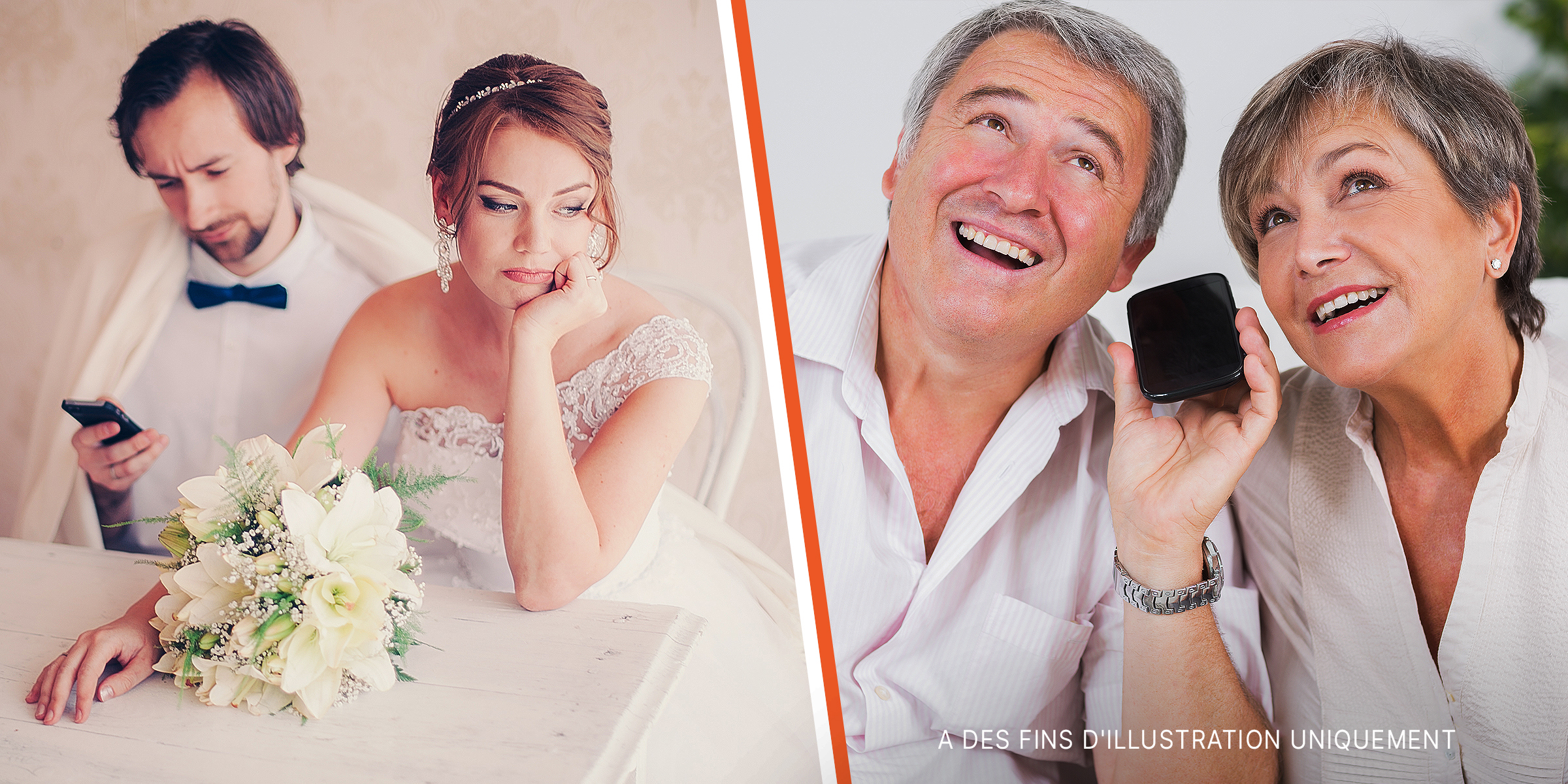 Un marié regardant vers le haut tout en regardant son téléphone, alors que sa fiancée a l'air déçue | Une entreprise plus âgée souriant tout en laissant un message vocal | Source : Shutterstock