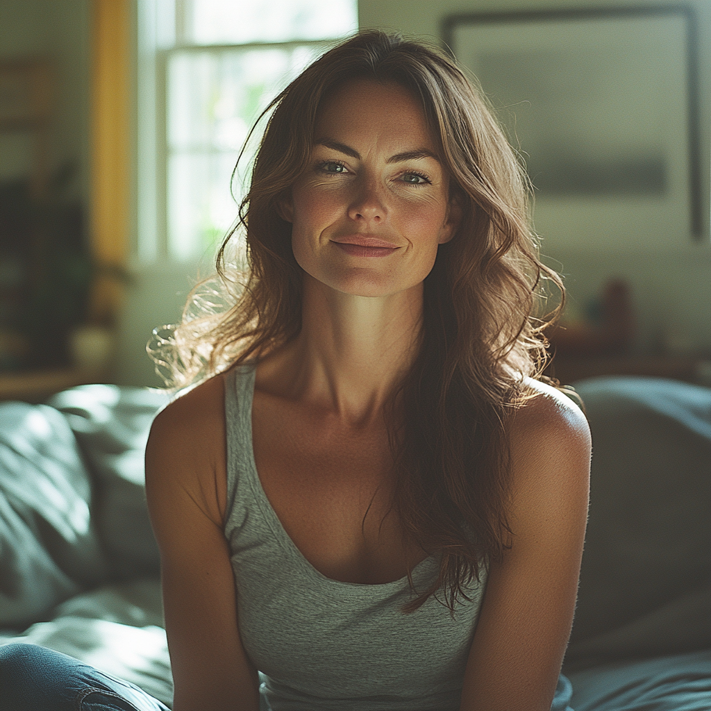 Une femme heureuse assise chez elle | Source : Midjourney