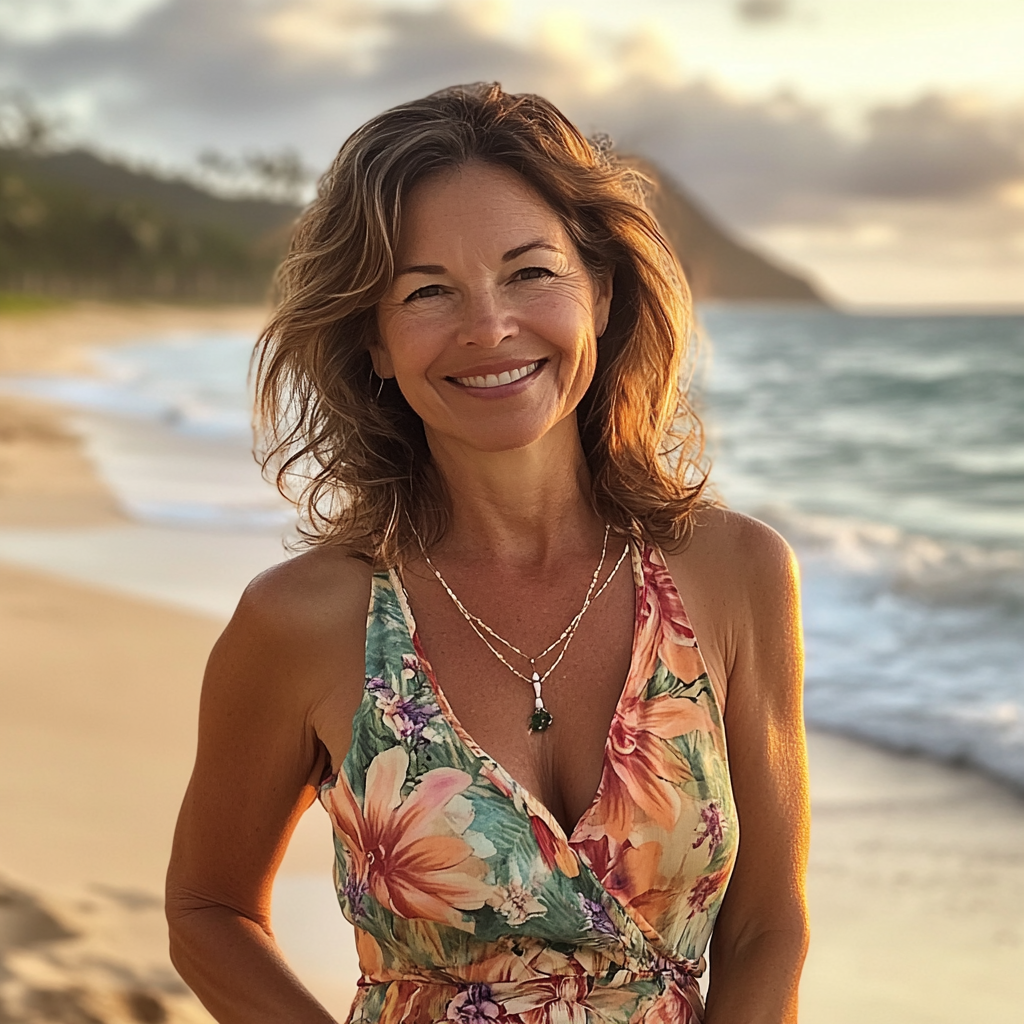 Une femme souriante sur une plage | Source : Midjourney