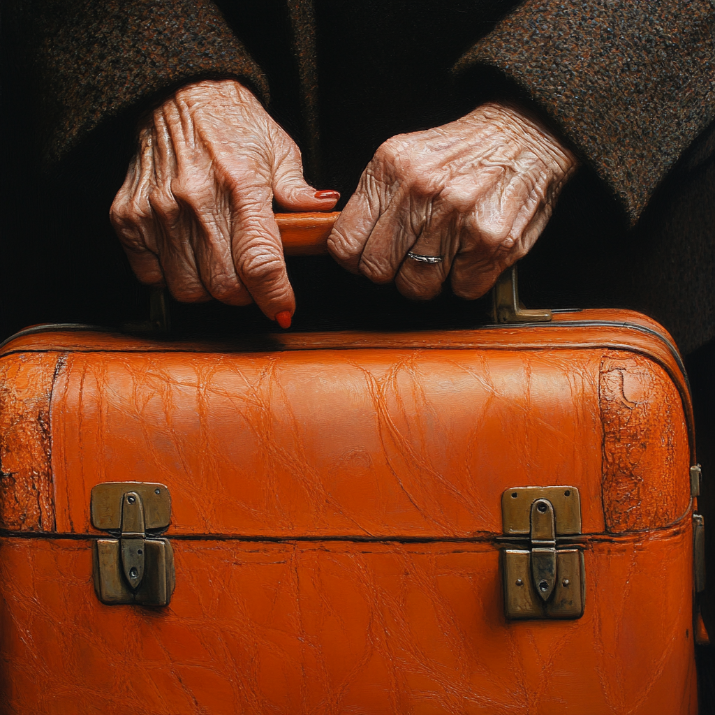 Gros plan d'une dame âgée tenant une valise | Source : Midjourney