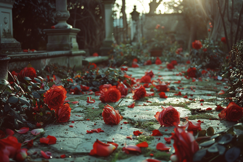 Roses plates et piétinées dans un jardin | Source : Midjourney