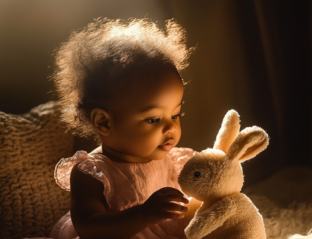 Une jolie petite fille jouant avec un lapin en peluche | Source : Midjourney