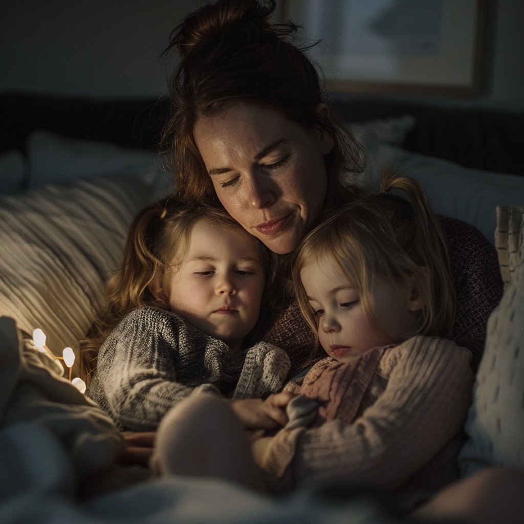 Une femme tenant ses enfants dans son lit | Source : Midjourney