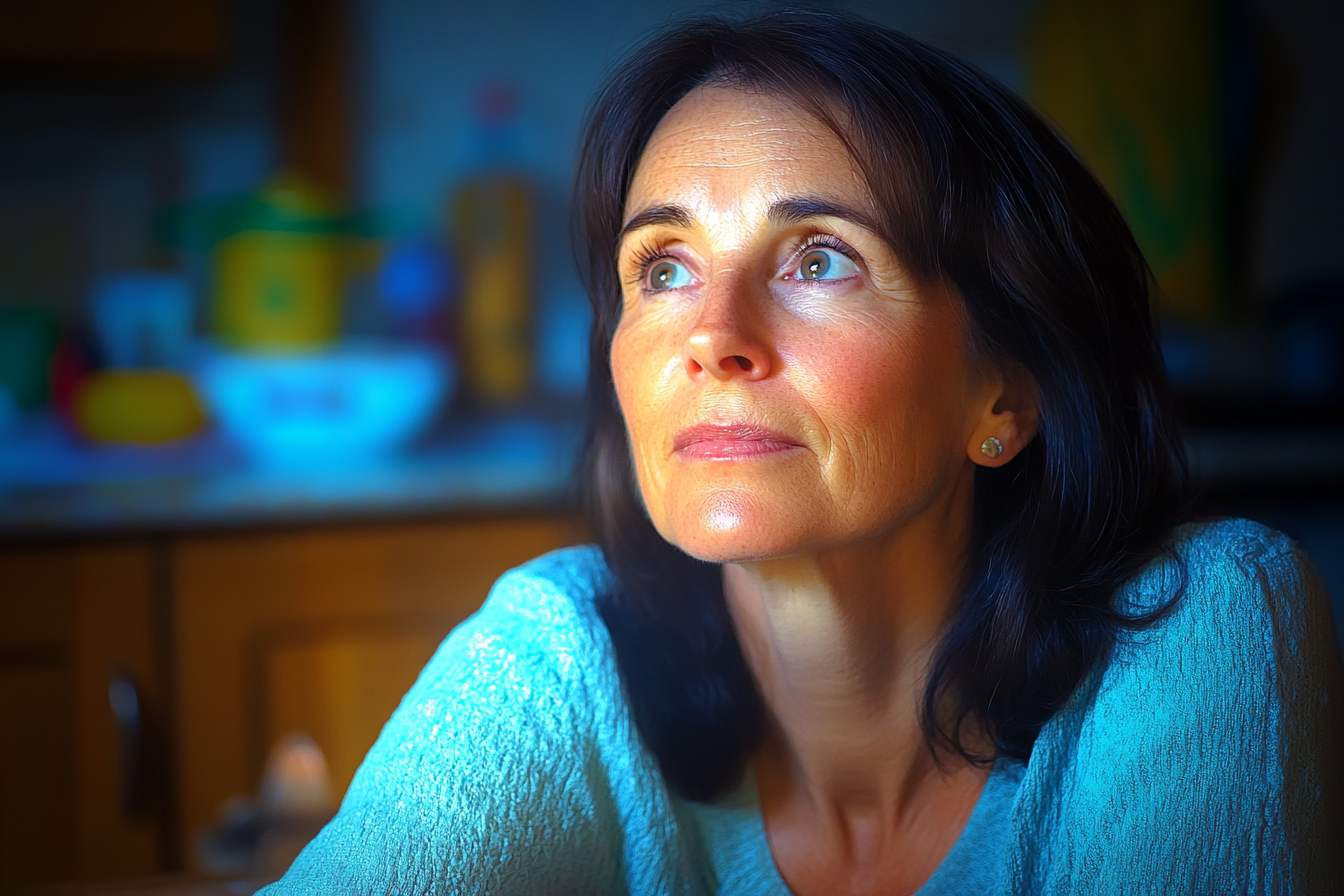 Une femme assise à une table de cuisine | Source : Midjourney