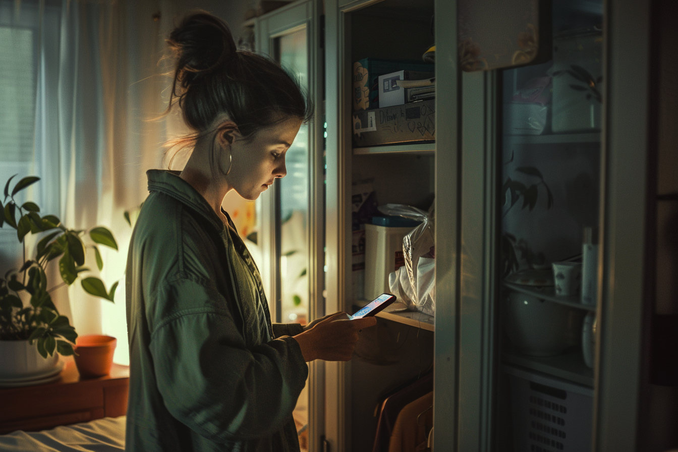 Une femme utilisant son téléphone dans le salon | Source : Midjourney