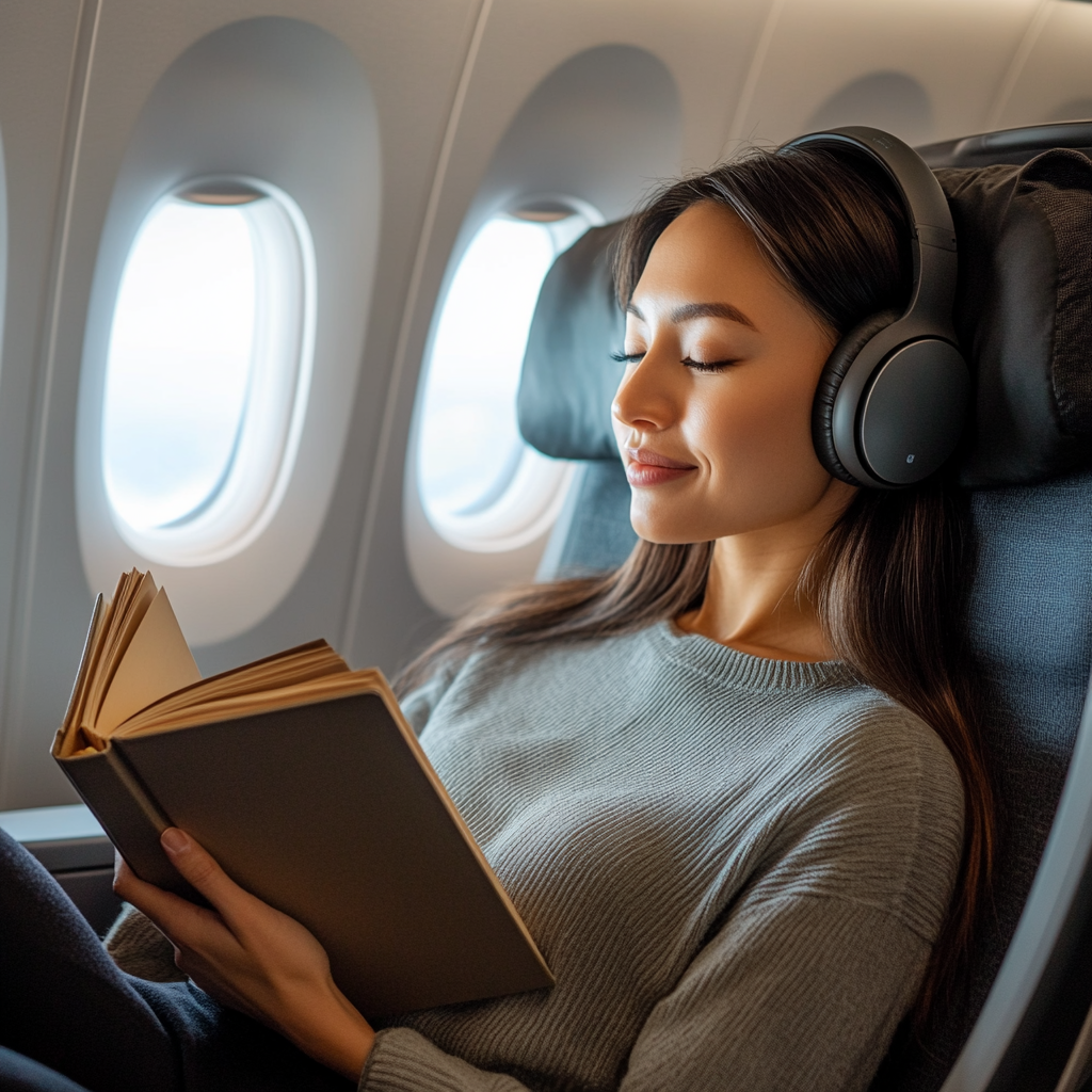 La femme se détend dans son siège de première classe, un livre à la main. | Source : Midjourney