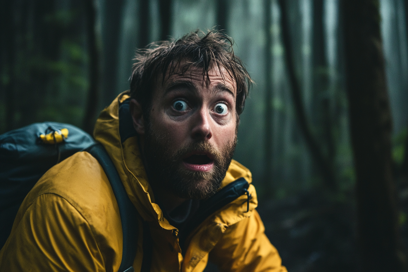 Un homme terrifié dans une forêt | Source : Midjourney