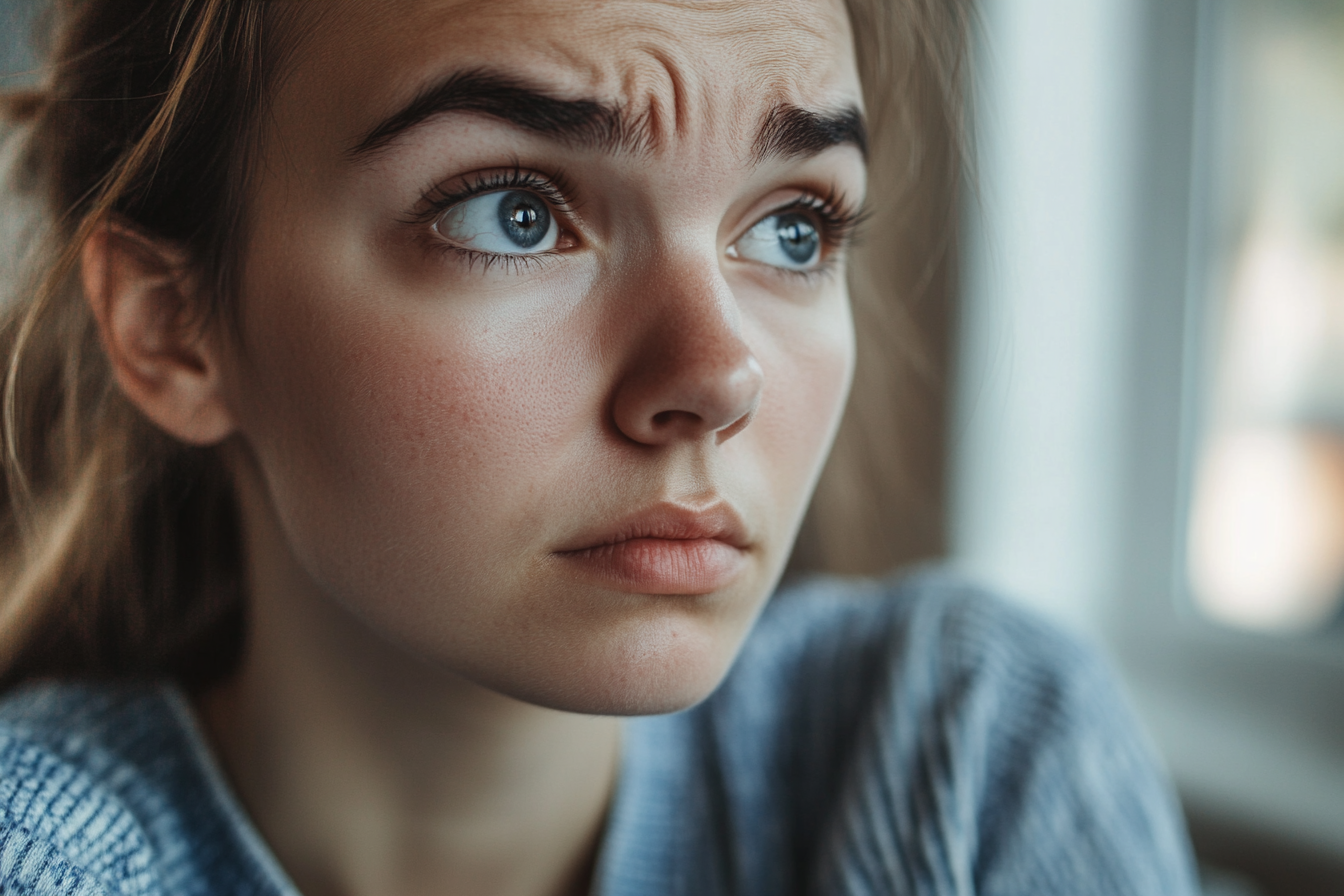 Une femme fronce les sourcils alors qu'elle est plongée dans ses pensées | Source : Midjourney