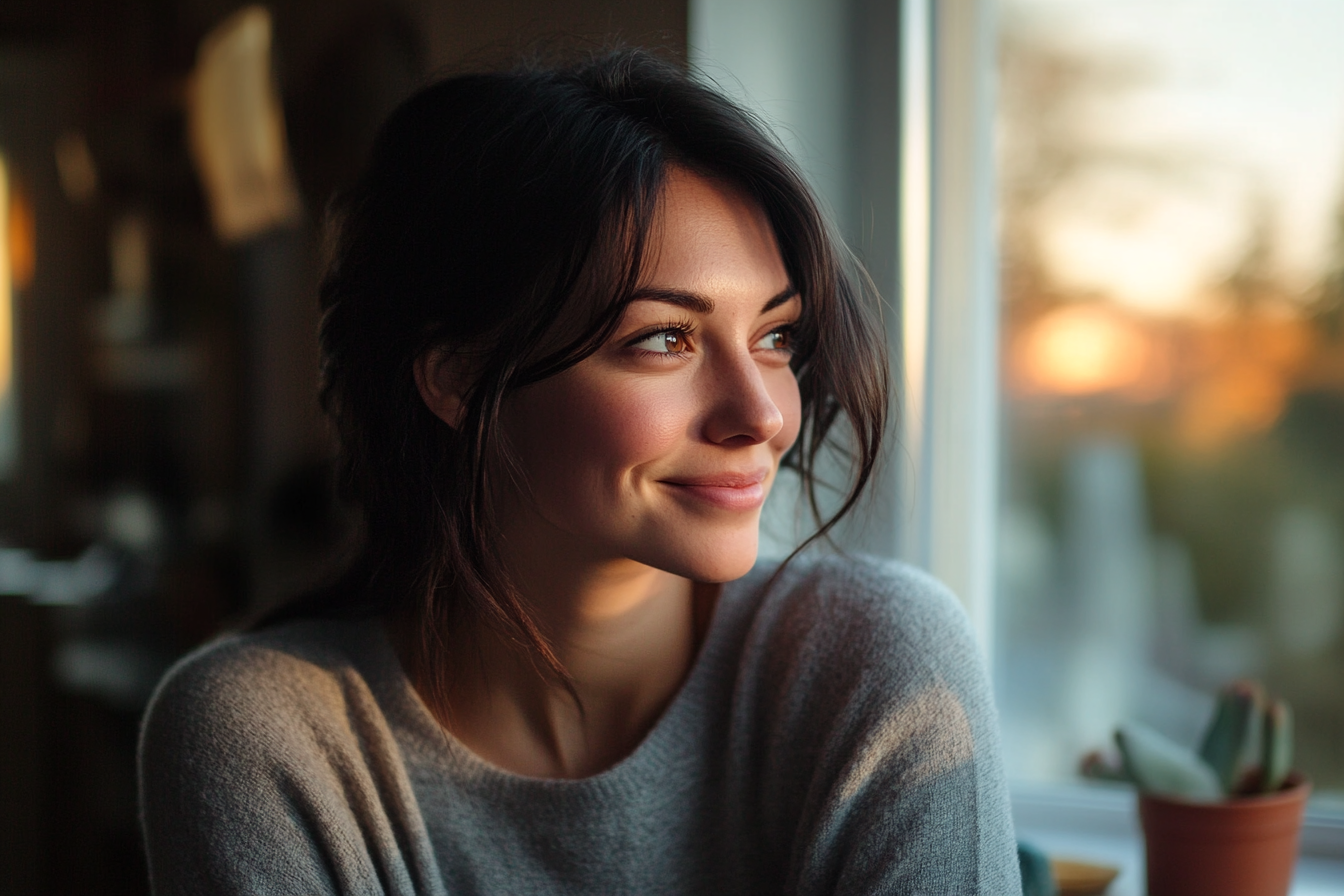 Une femme qui sourit en regardant par la fenêtre | Source : Midjourney