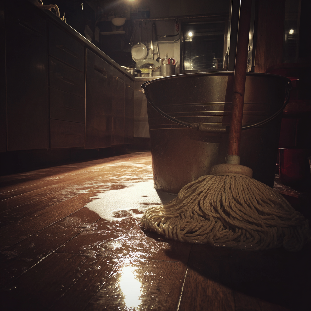 Une serpillière et un seau d'eau dans une cuisine | Source : Midjourney