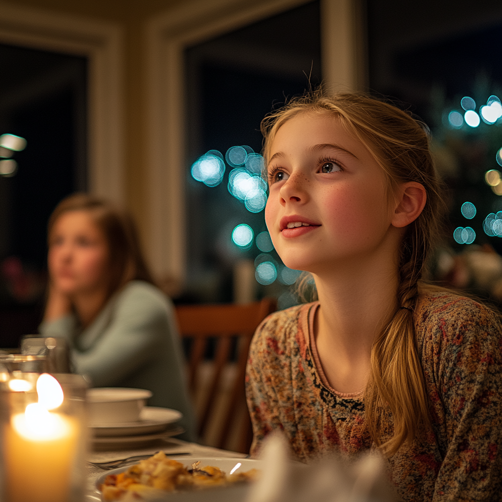 Une jeune fille assise à la table à manger | Source : Midjourney