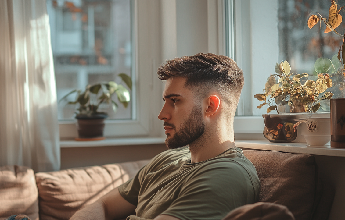 Un homme assis dans son salon, en train de réfléchir | Source : Midjourney