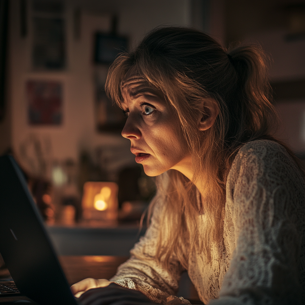 Une femme choquée regarde son ordinateur portable après avoir fait une découverte | Source : Midjourney