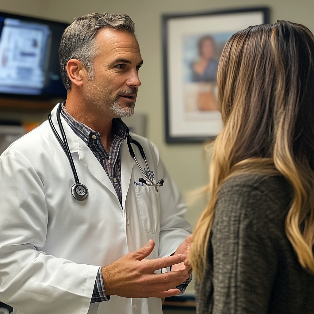 Médecin vétérinaire discutant avec sa sœur dans son bureau | Source : Midjourney