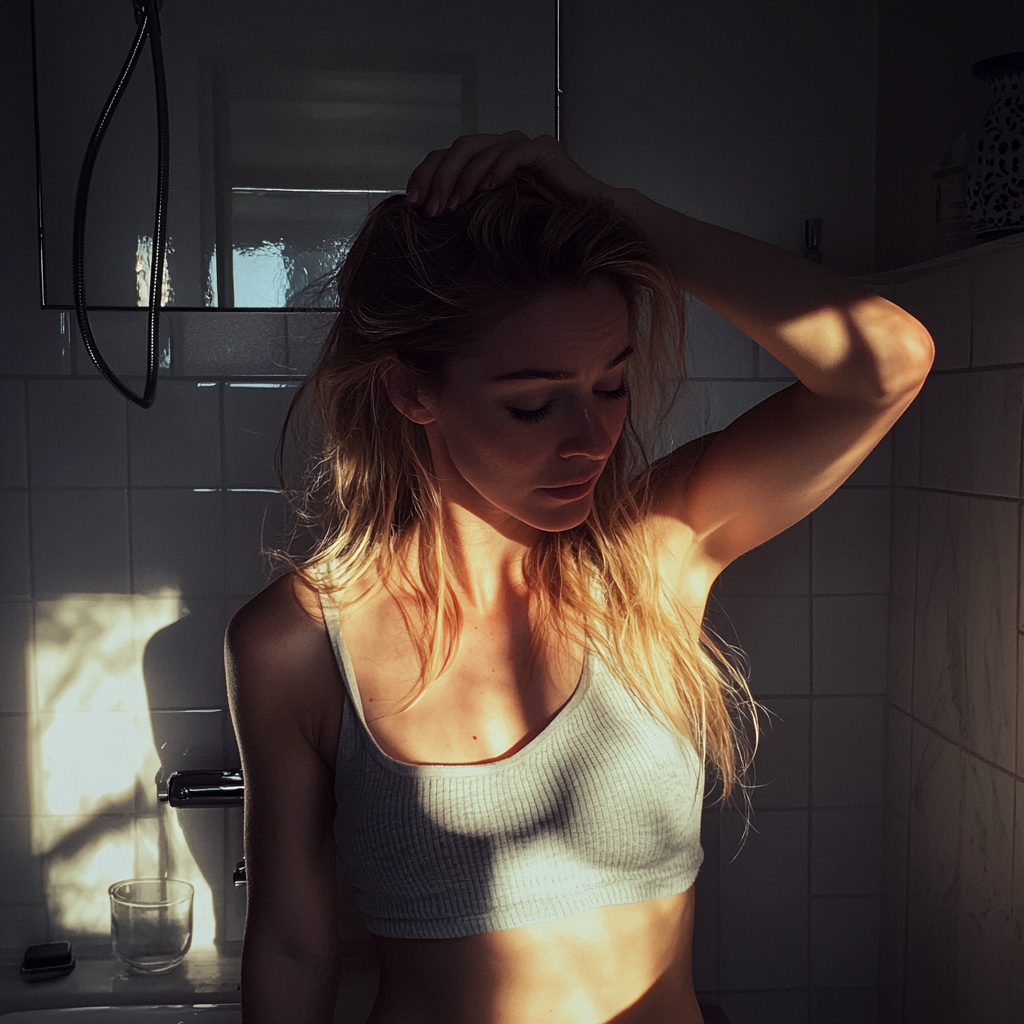 Une femme debout dans une salle de bain | Source : Midjourney