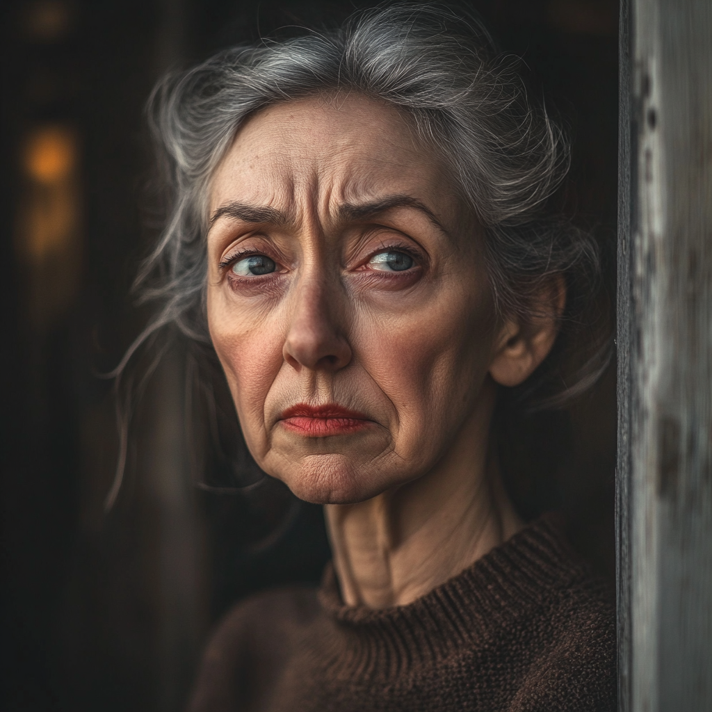 Une vieille femme découragée qui regarde quelqu'un depuis sa porte | Source : Midjourney