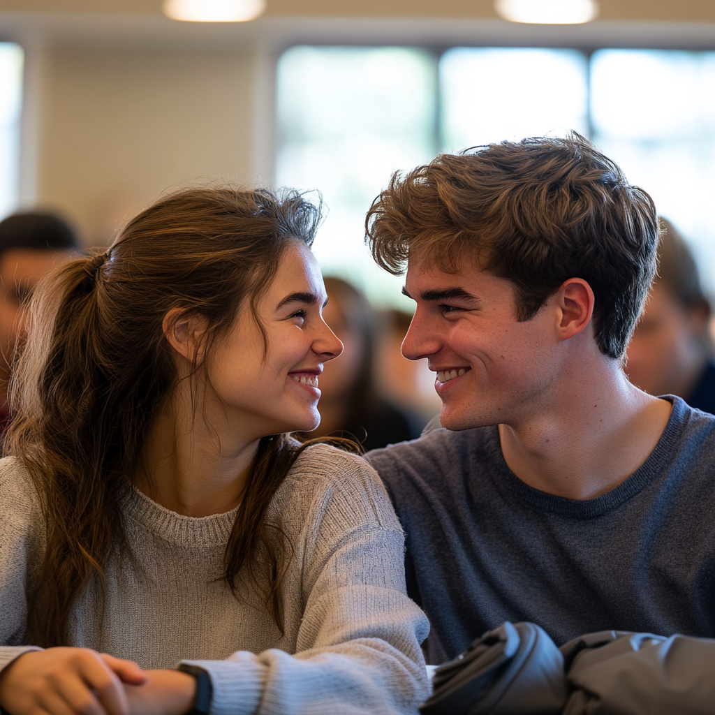 Une jeune femme et un jeune homme se regardant l'un l'autre alors qu'ils sont assis dans une salle de classe | Source : Midjourney