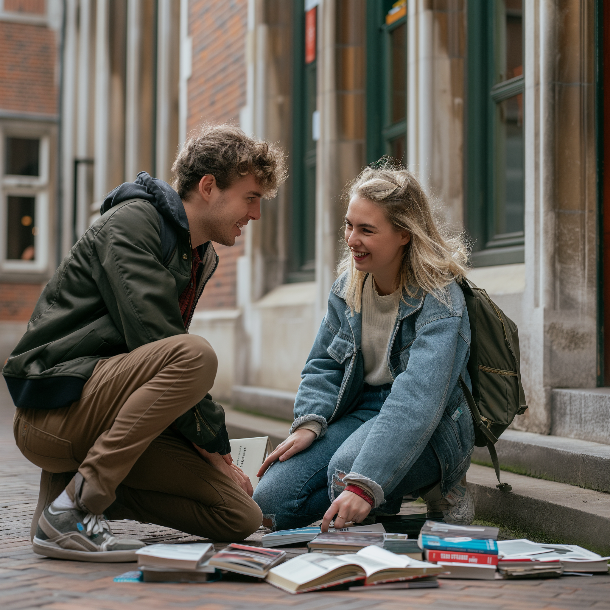 Une femme croise un homme sur un campus universitaire et des livres sont éparpillés autour d'eux | Source : Midjourney