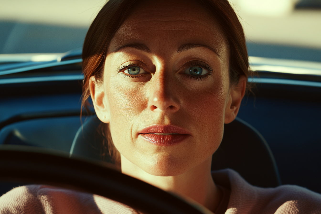 Une femme dans sa voiture, qui regarde droit devant elle | Source : Midjourney