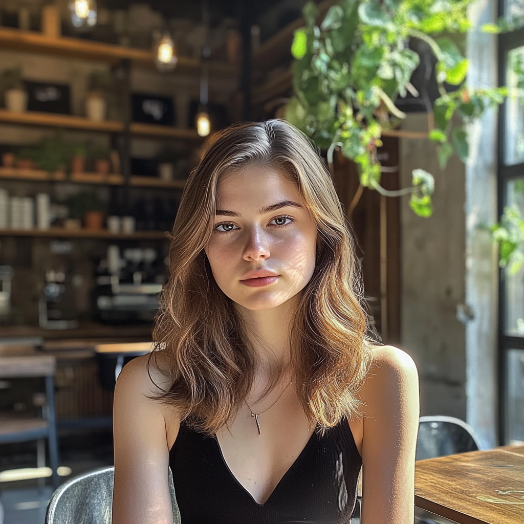 Une femme assise dans un café | Source : Midjourney