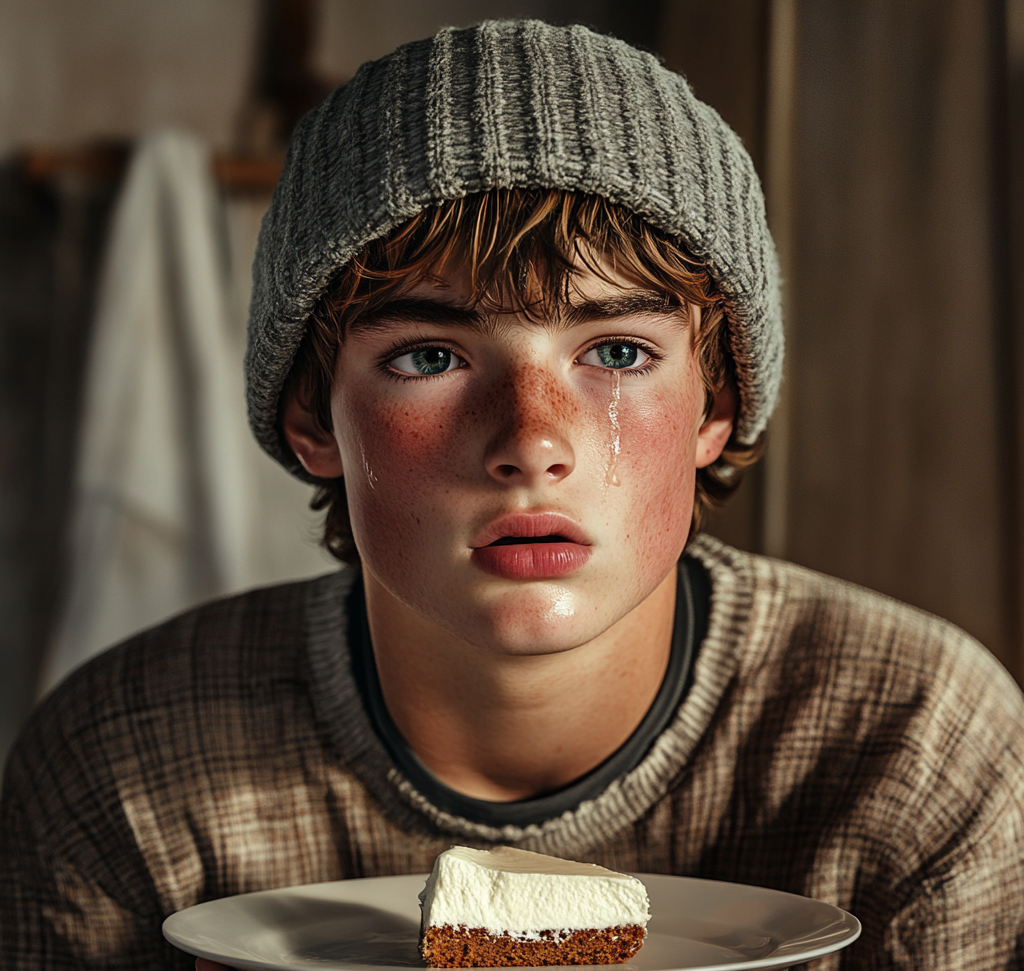 Un adolescent ému tenant une assiette avec une part de gâteau | Source : Midjourney