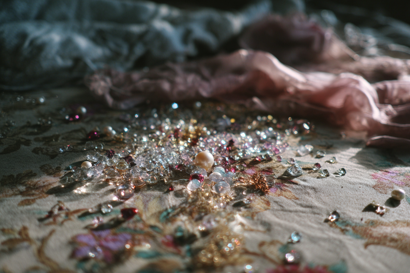 Perles et cristaux sur le tapis | Source : Midjourney