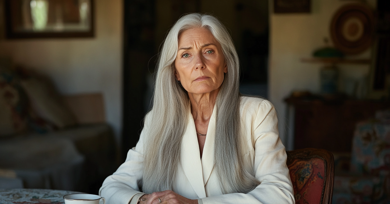 An older woman with a blank face sitting at a dining table | Source: Midjourney