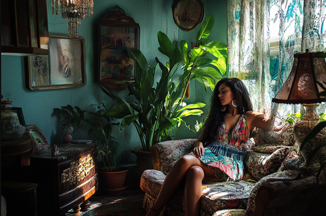 Une femme attentionnée se détend dans un salon | Source : Midjourney