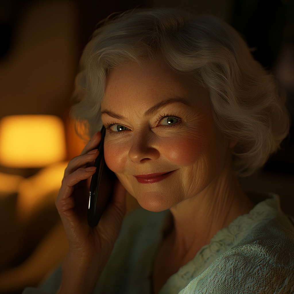 Une dame âgée souriante qui parle au téléphone | Source : Midjourney