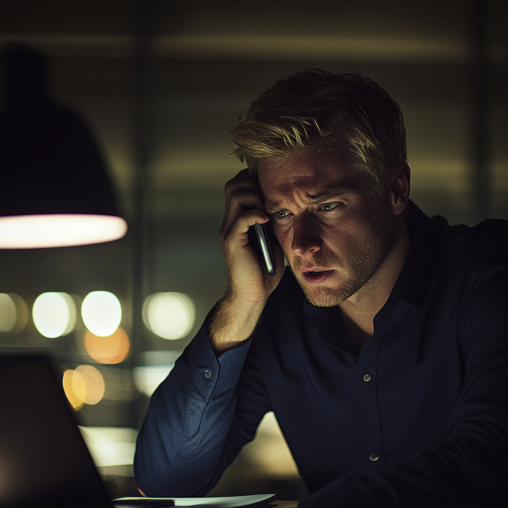 Un homme qui parle au téléphone et fronce les sourcils | Source : Midjourney