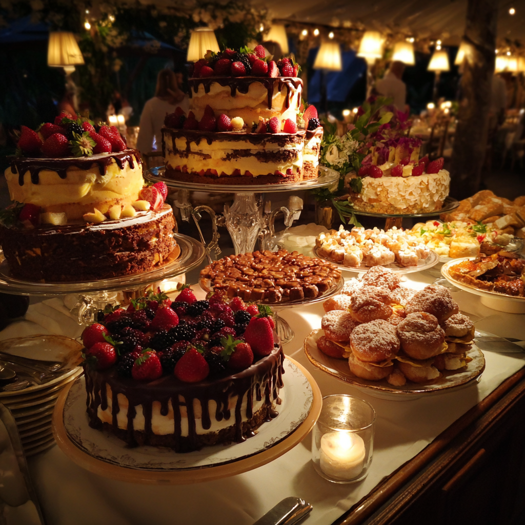 Une table de desserts lors d'une réception de mariage | Source : Midjourney