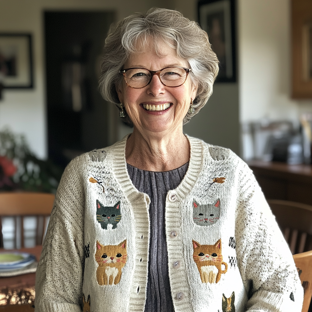 Une femme âgée souriante avec un cardigan en forme de chat | Source : Midjourney